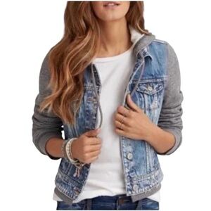American Eagle Jean Jacket with Knit Sleeves and Hood